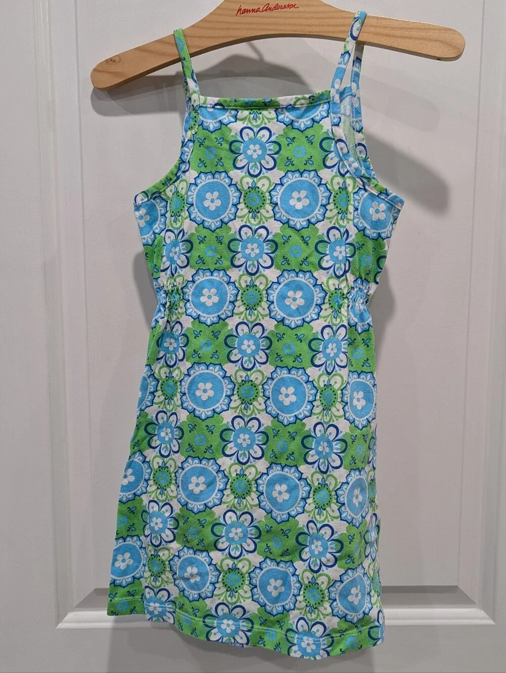 Hanna Andersson Kids Sundress Cotton White Blue Green Geometric Girls 110 5 5T